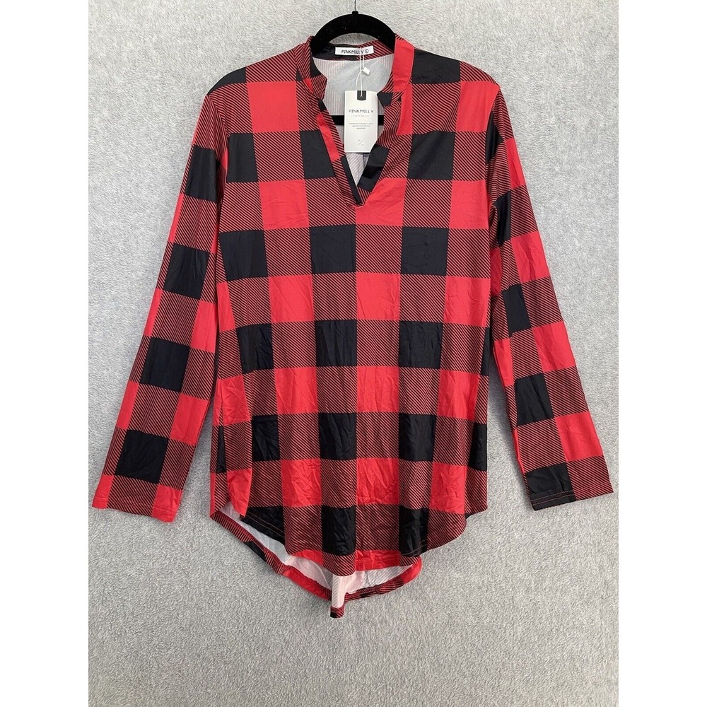 Pink Milly Women's Tunic Blouse Red Black Plaid Check Long Sleeve Size Large